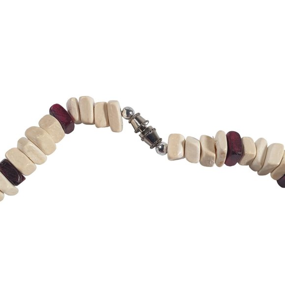 Choker Necklace Wood Bead Men Women 17" Handmade Fashion White Maroon Beach Core - Picture 4 of 4